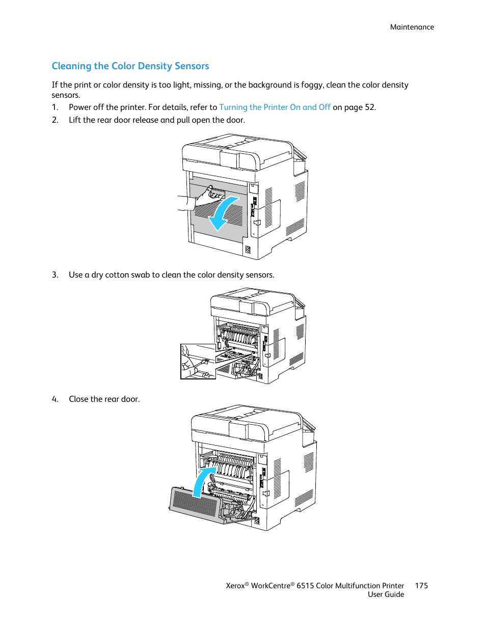 Cleaning the color density sensors | Xerox WorkCentre 6515DNI User Manual | Page 175 / 326