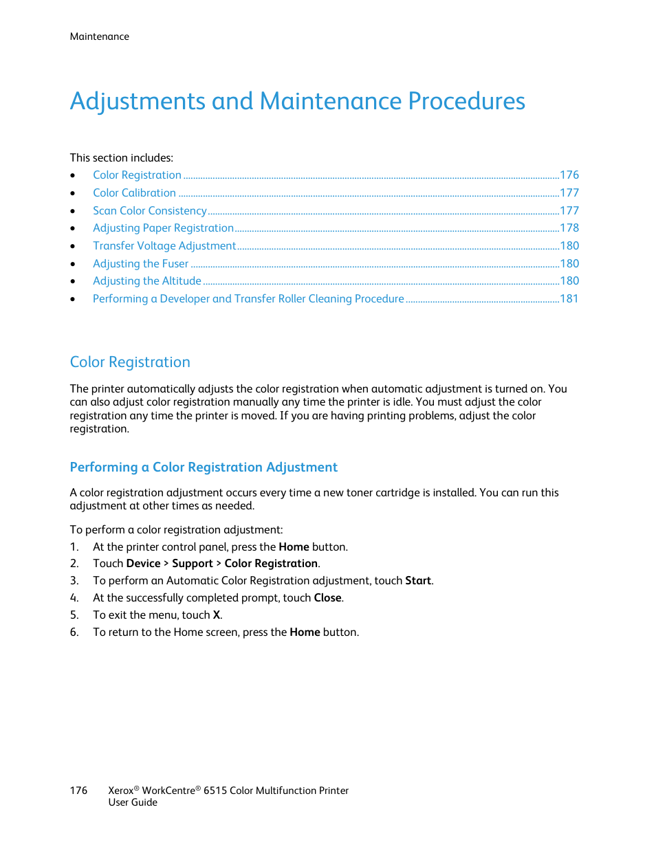 Adjustments and maintenance procedures, Color registration, Performing a color registration adjustment | Xerox WorkCentre 6515DNI User Manual | Page 176 / 326