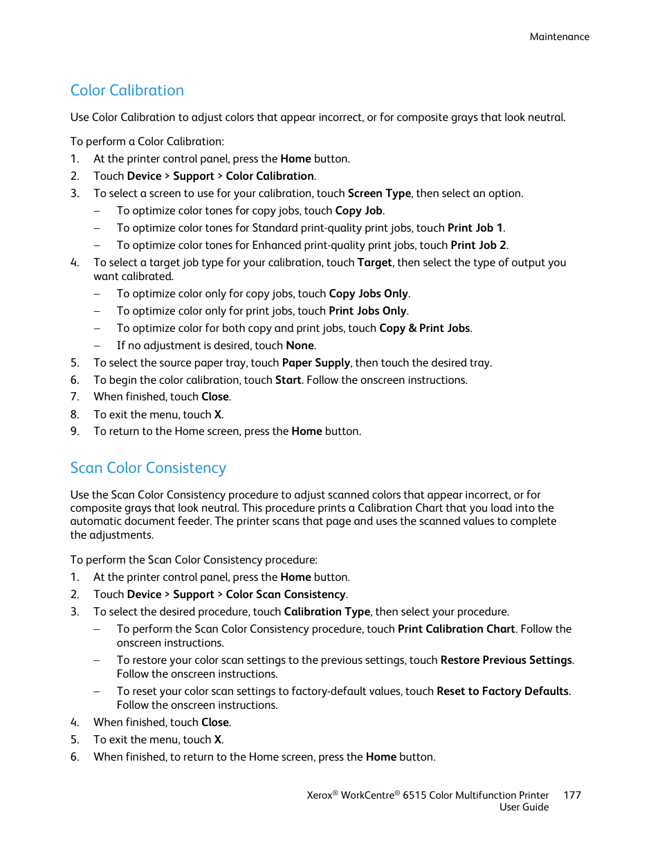 Color calibration, Scan color consistency | Xerox WorkCentre 6515DNI User Manual | Page 177 / 326