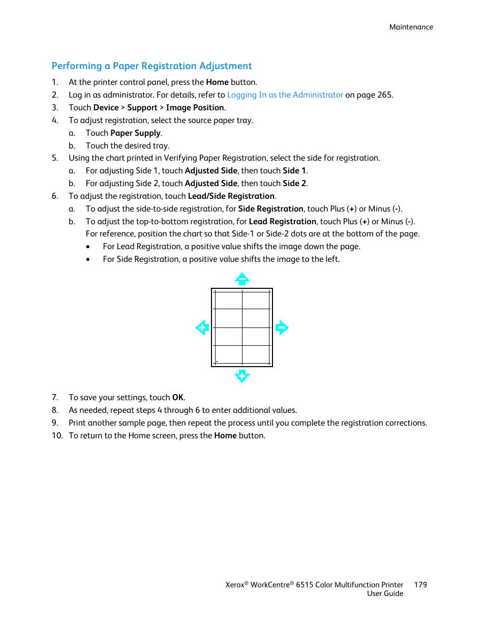 Performing a paper registration adjustment | Xerox WorkCentre 6515DNI User Manual | Page 179 / 326