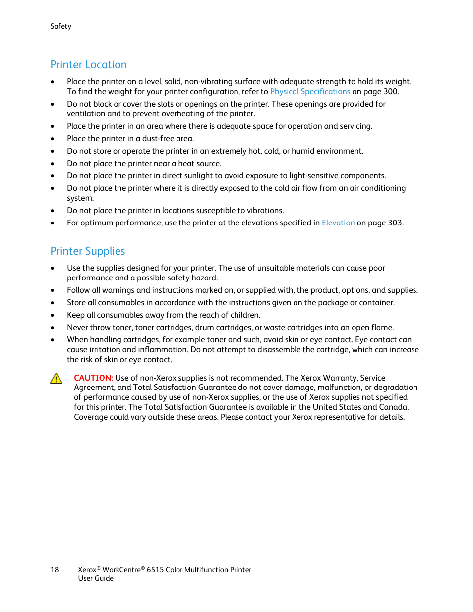 Printer location, Printer supplies | Xerox WorkCentre 6515DNI User Manual | Page 18 / 326