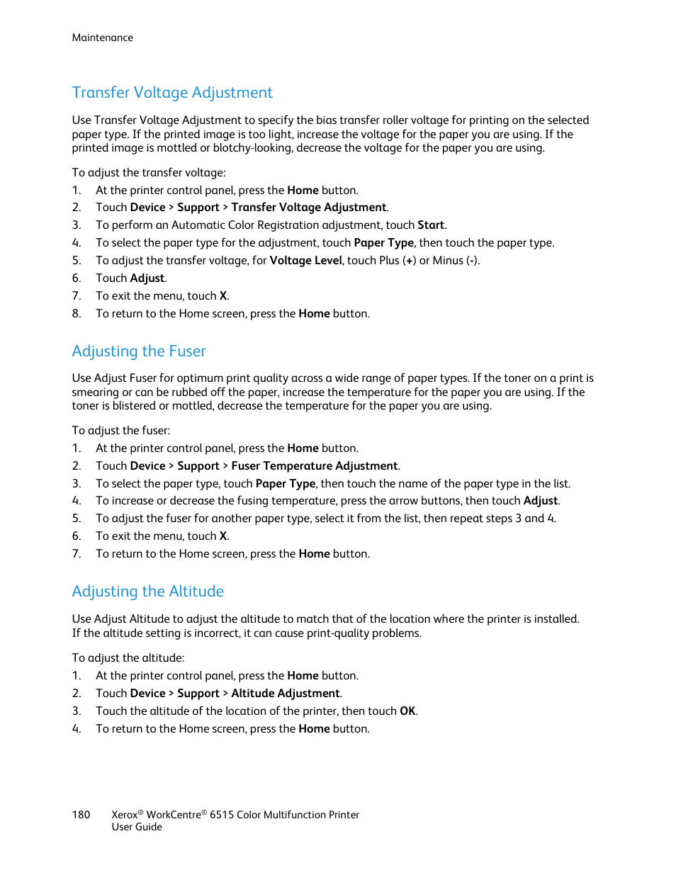 Transfer voltage adjustment, Adjusting the fuser, Adjusting the altitude | Xerox WorkCentre 6515DNI User Manual | Page 180 / 326