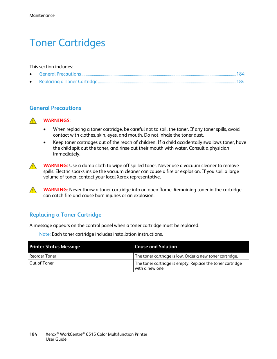 Toner cartridges, General precautions, Replacing a toner cartridge | Xerox WorkCentre 6515DNI User Manual | Page 184 / 326