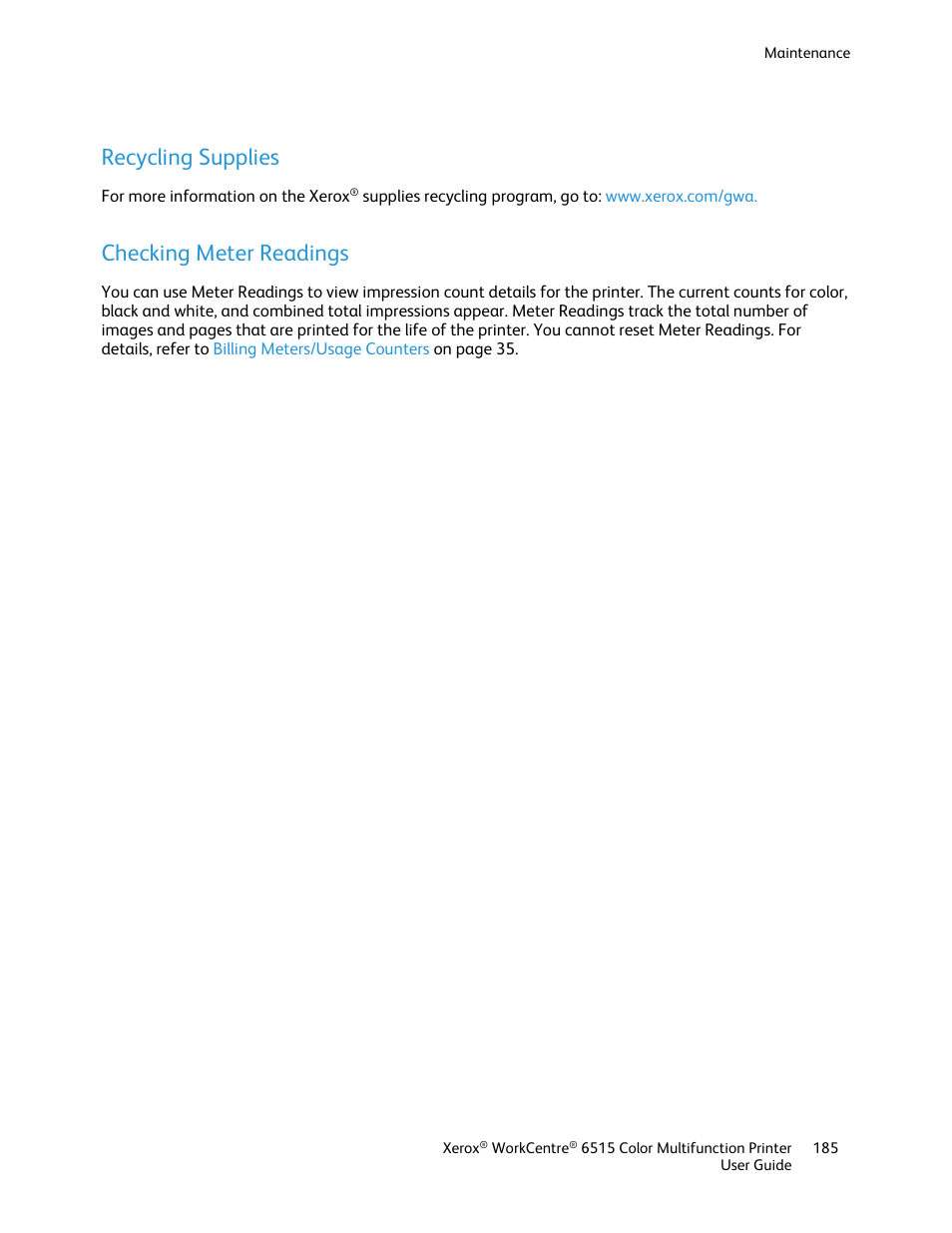 Recycling supplies, Checking meter readings | Xerox WorkCentre 6515DNI User Manual | Page 185 / 326
