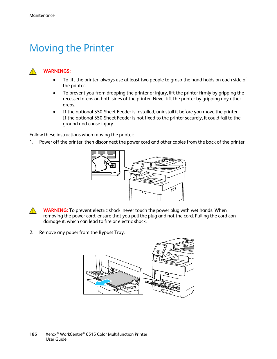 Moving the printer | Xerox WorkCentre 6515DNI User Manual | Page 186 / 326