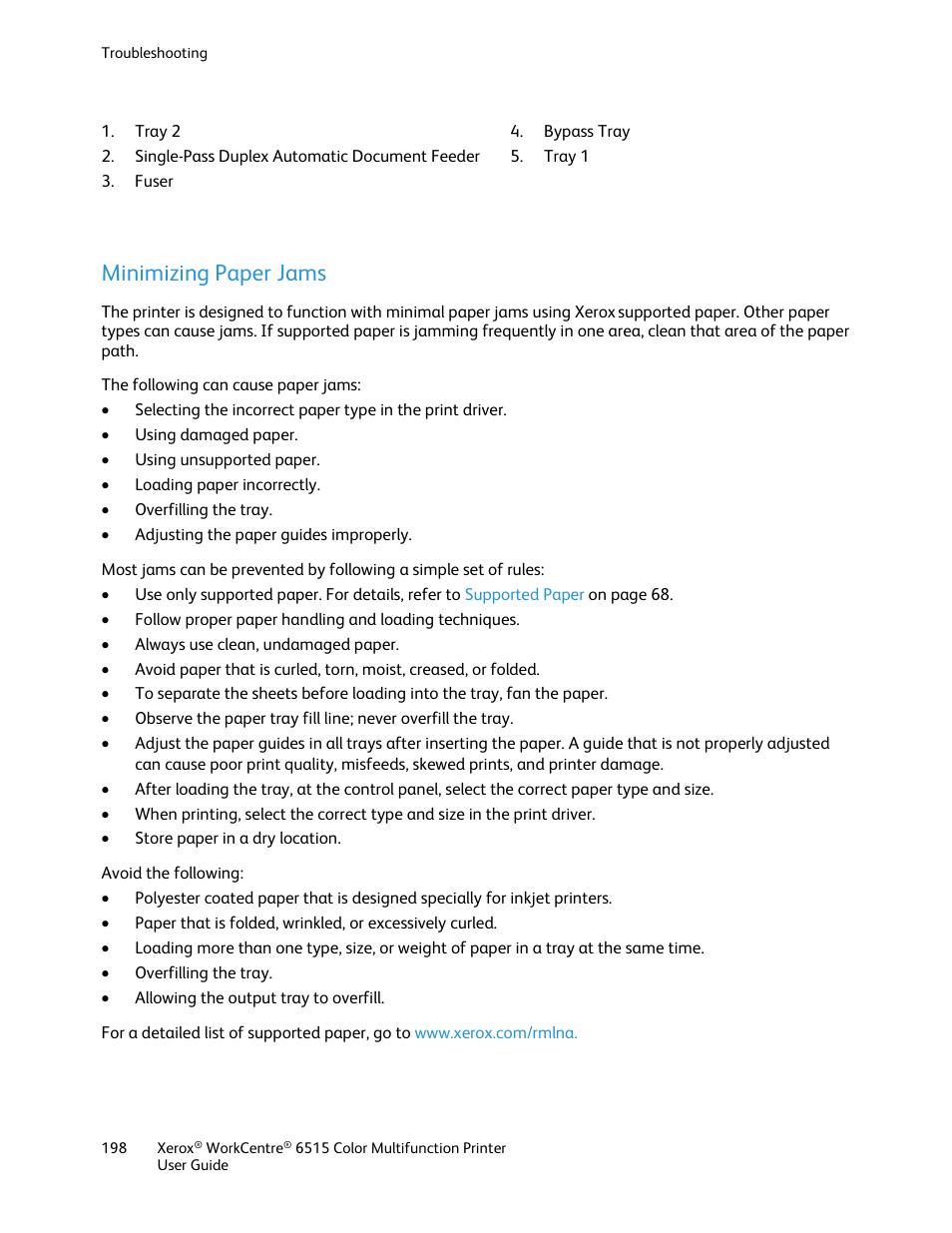 Minimizing paper jams | Xerox WorkCentre 6515DNI User Manual | Page 198 / 326