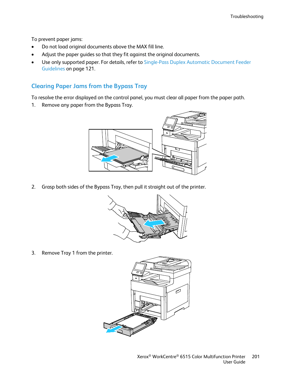 Clearing paper jams from the bypass tray | Xerox WorkCentre 6515DNI User Manual | Page 201 / 326