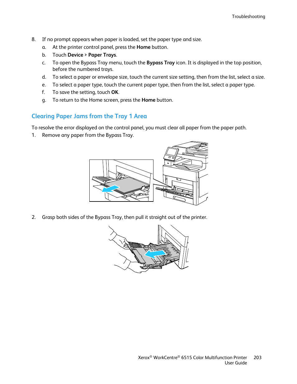 Clearing paper jams from the tray 1 area | Xerox WorkCentre 6515DNI User Manual | Page 203 / 326