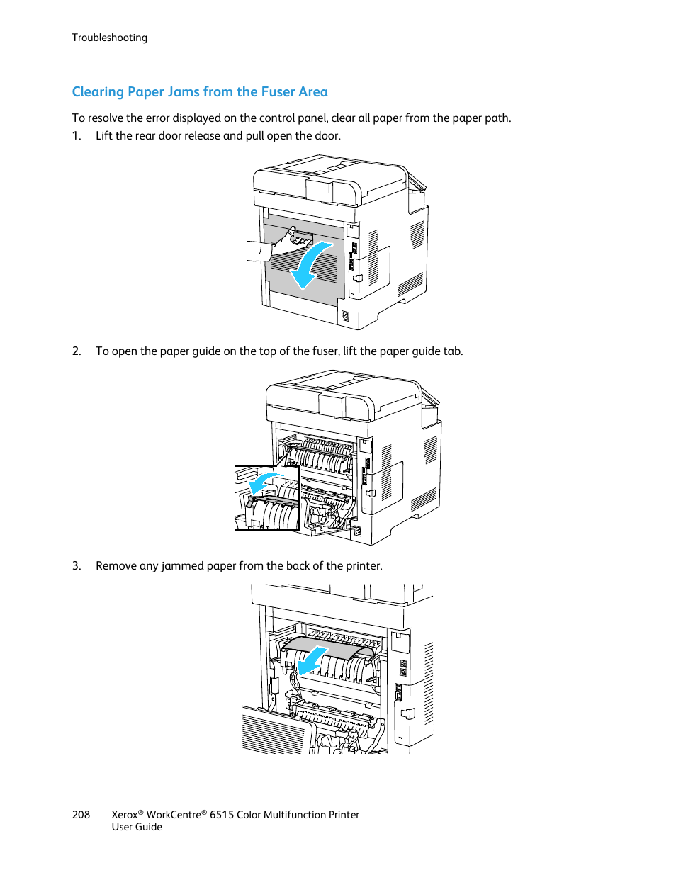 Clearing paper jams from the fuser area | Xerox WorkCentre 6515DNI User Manual | Page 208 / 326