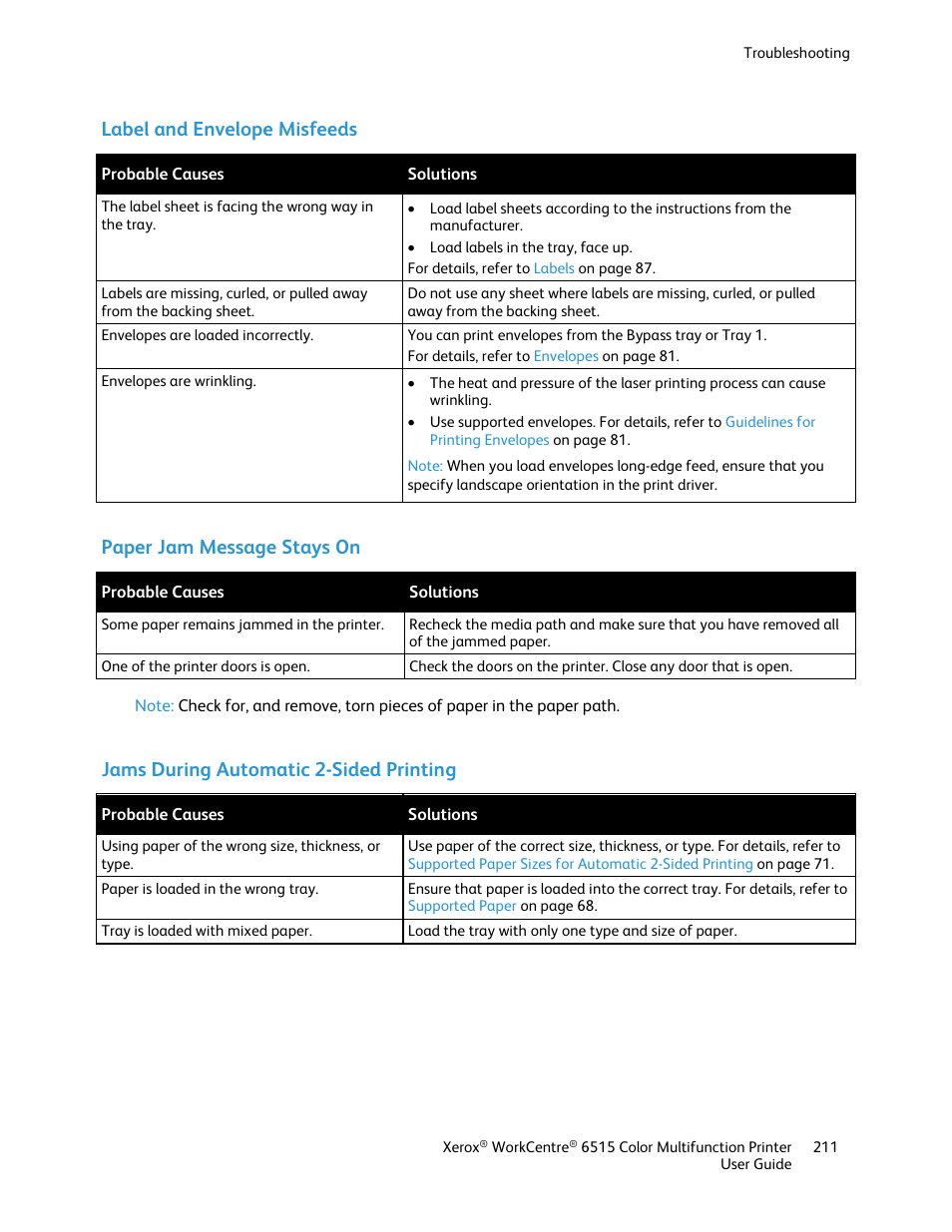 Label and envelope misfeeds, Paper jam message stays on, Jams during automatic 2-sided printing | Xerox WorkCentre 6515DNI User Manual | Page 211 / 326