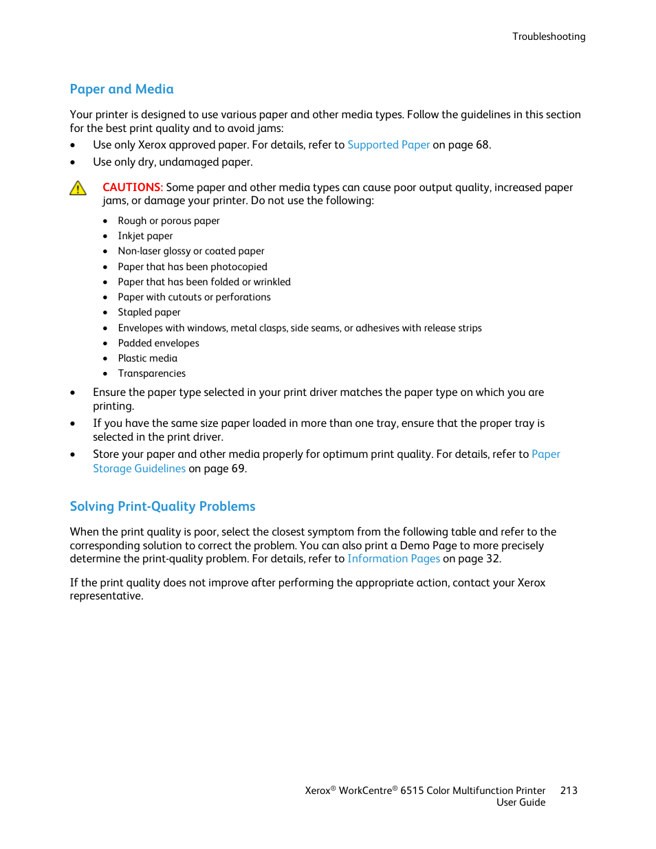 Paper and media, Solving print-quality problems | Xerox WorkCentre 6515DNI User Manual | Page 213 / 326