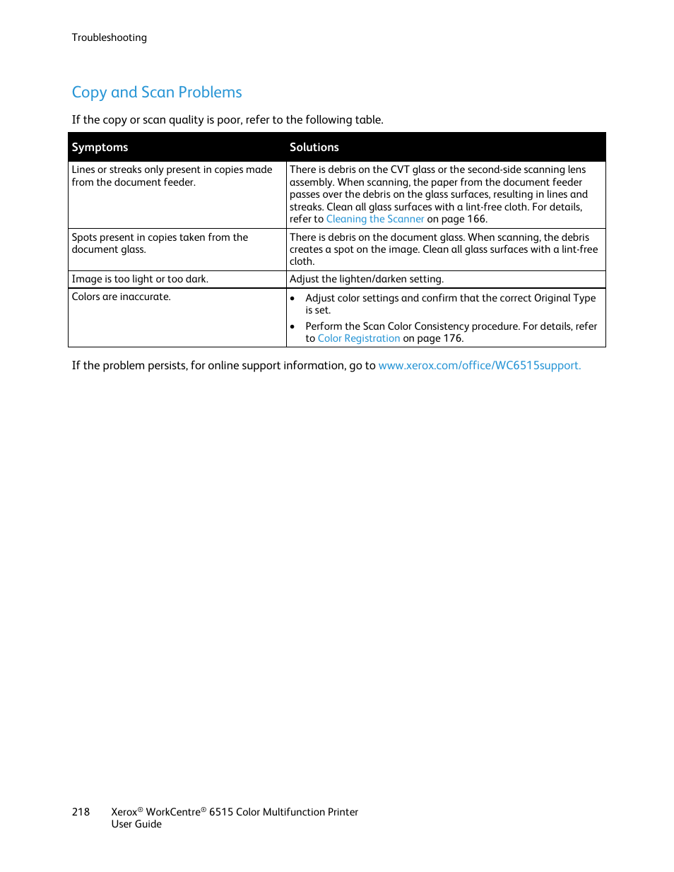 Copy and scan problems | Xerox WorkCentre 6515DNI User Manual | Page 218 / 326