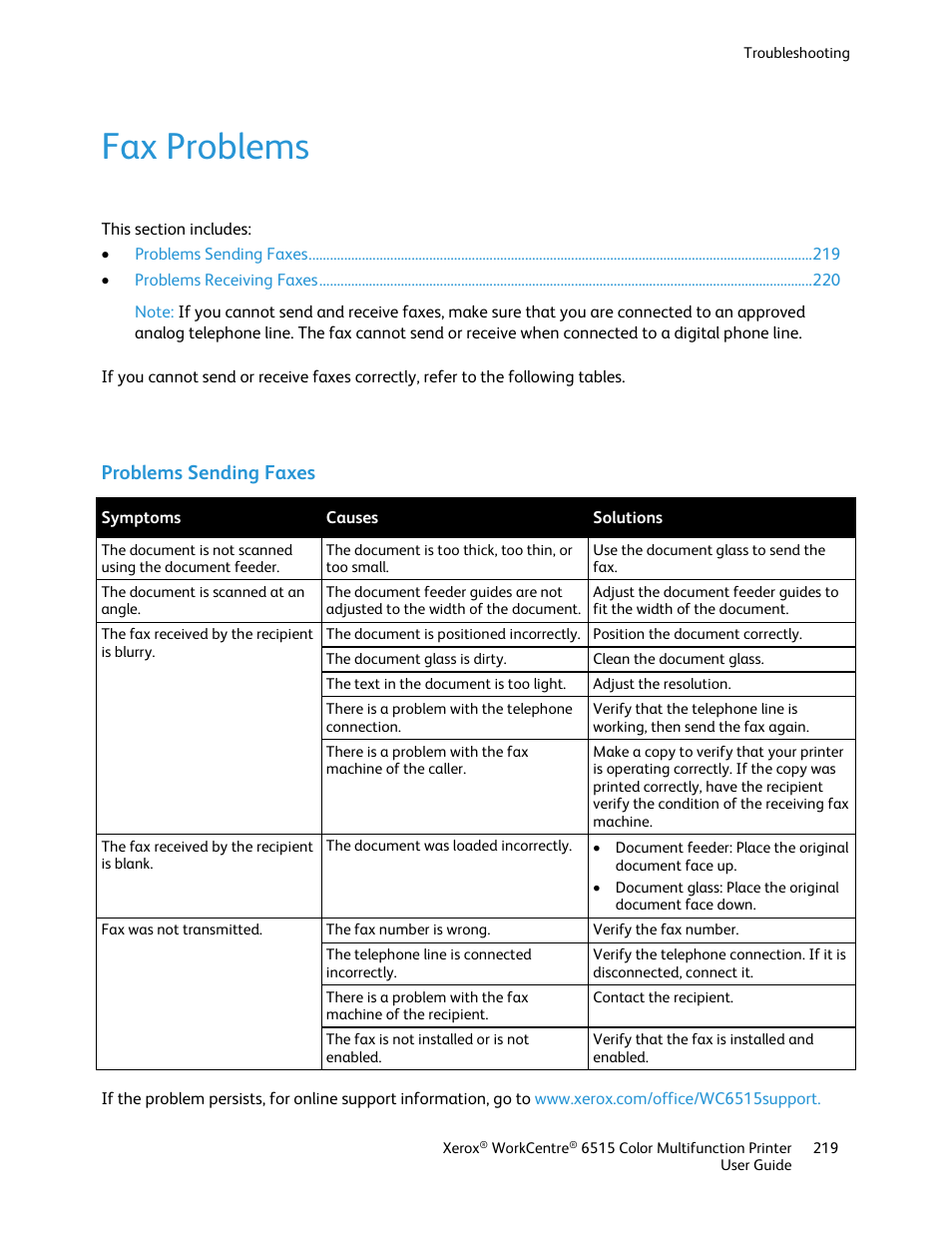 Fax problems, Problems sending faxes | Xerox WorkCentre 6515DNI User Manual | Page 219 / 326