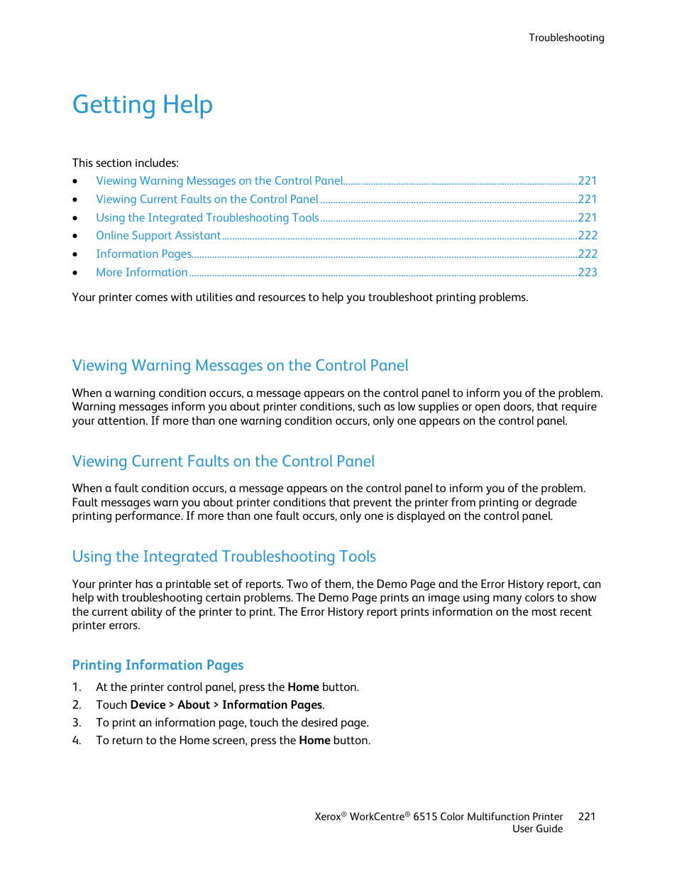 Getting help, Viewing warning messages on the control panel, Viewing current faults on the control panel | Using the integrated troubleshooting tools | Xerox WorkCentre 6515DNI User Manual | Page 221 / 326