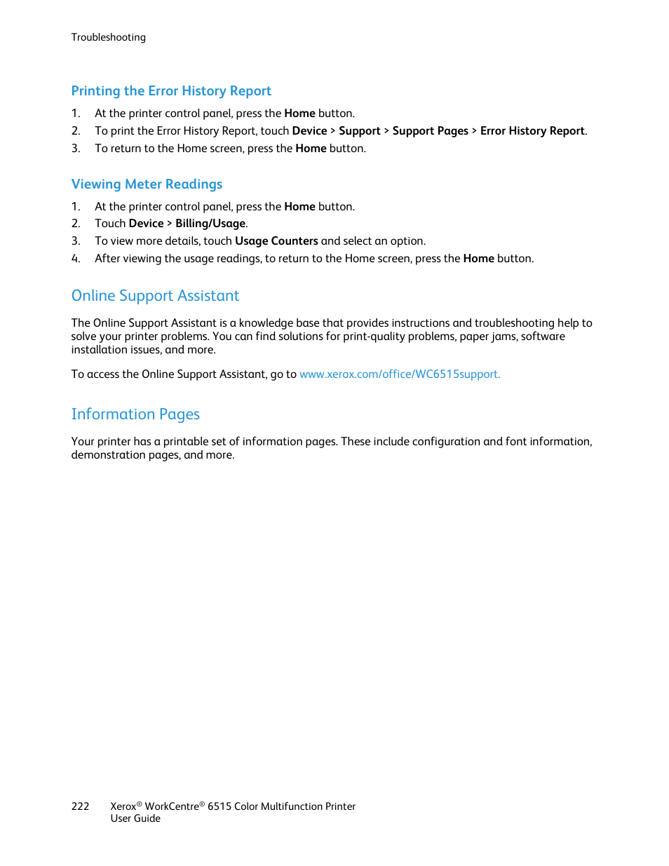 Printing the error history report, Viewing meter readings, Online support assistant | Information pages | Xerox WorkCentre 6515DNI User Manual | Page 222 / 326