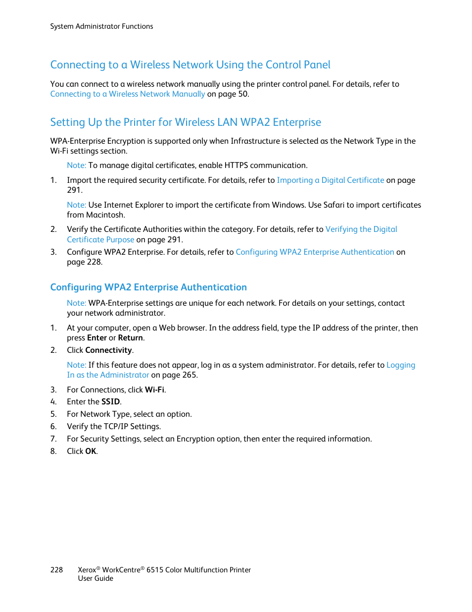 Configuring wpa2 enterprise authentication | Xerox WorkCentre 6515DNI User Manual | Page 228 / 326