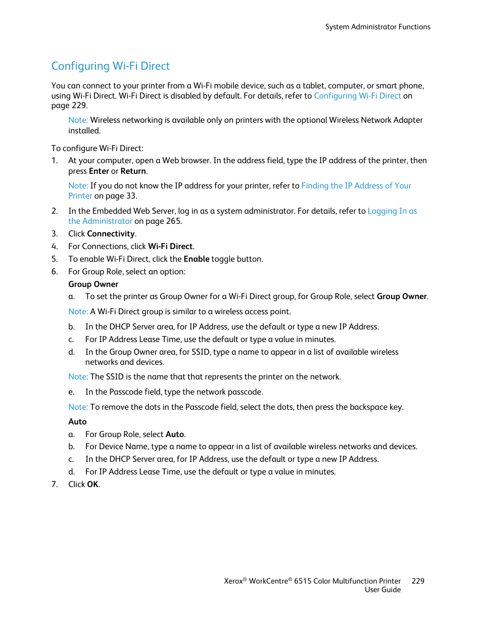 Configuring wi-fi direct | Xerox WorkCentre 6515DNI User Manual | Page 229 / 326