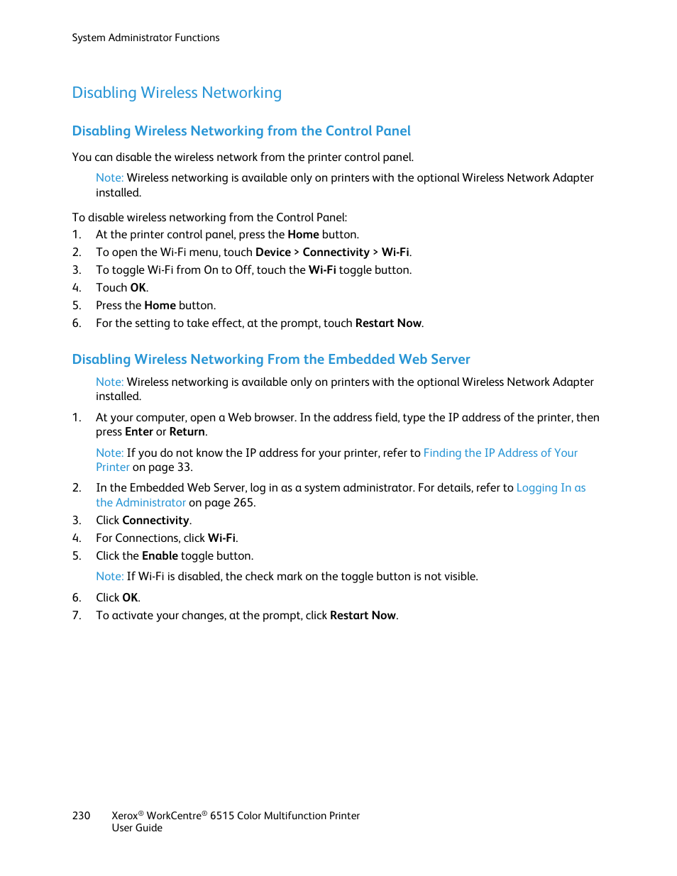 Disabling wireless networking | Xerox WorkCentre 6515DNI User Manual | Page 230 / 326