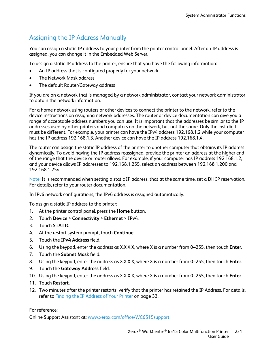 Assigning the ip address manually | Xerox WorkCentre 6515DNI User Manual | Page 231 / 326