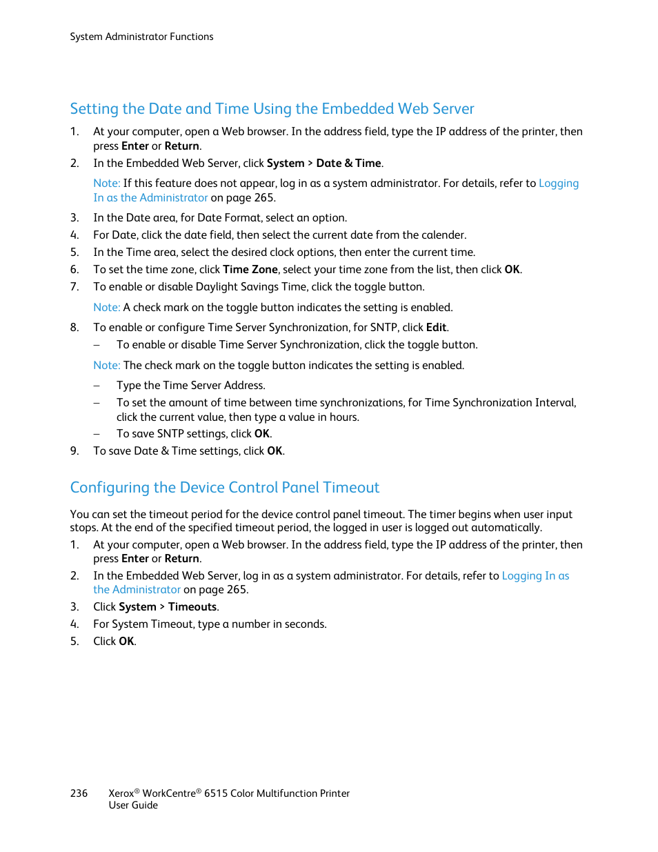 Configuring the device control panel timeout | Xerox WorkCentre 6515DNI User Manual | Page 236 / 326