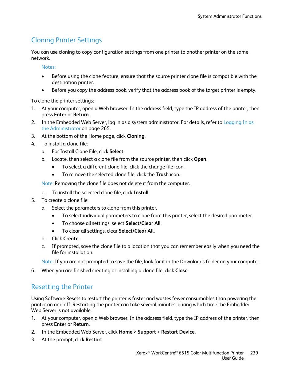 Cloning printer settings, Resetting the printer | Xerox WorkCentre 6515DNI User Manual | Page 239 / 326