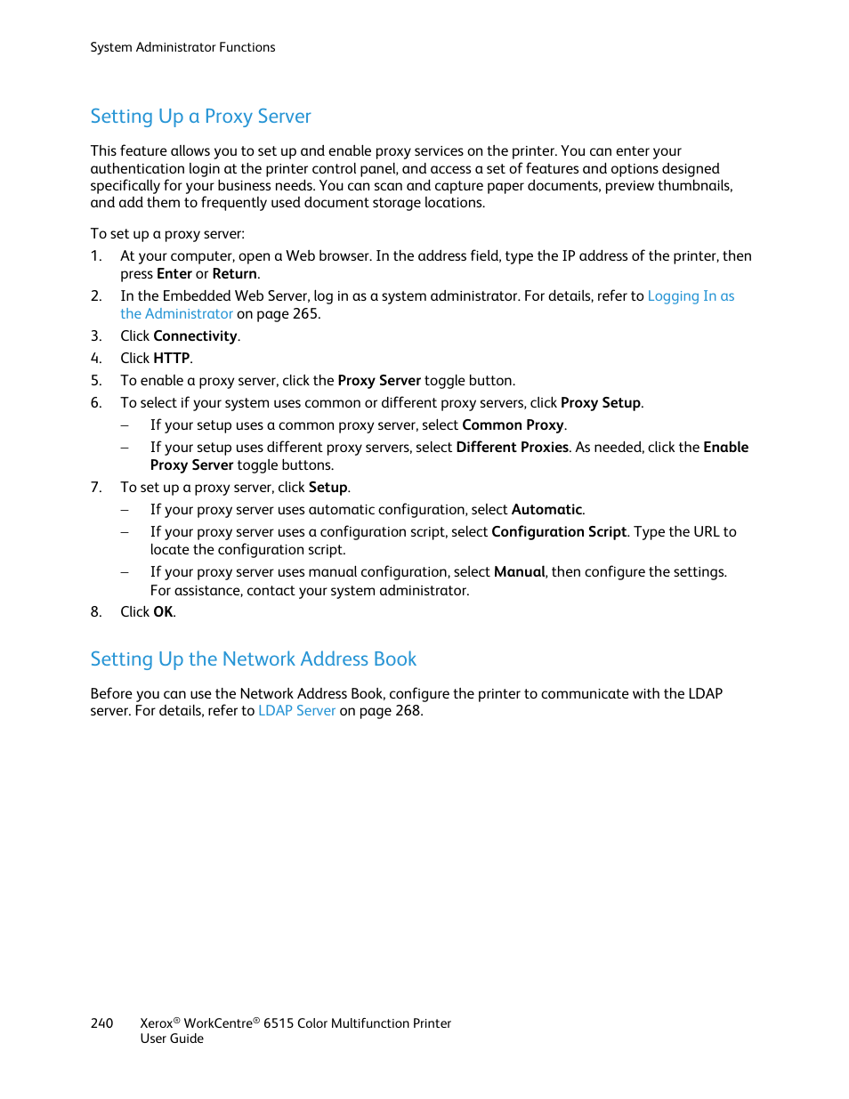 Setting up a proxy server, Setting up the network address book | Xerox WorkCentre 6515DNI User Manual | Page 240 / 326