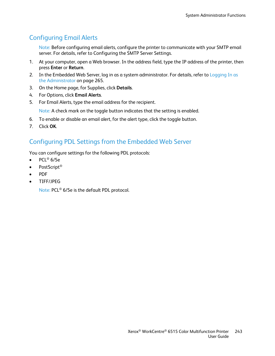 Configuring email alerts | Xerox WorkCentre 6515DNI User Manual | Page 243 / 326