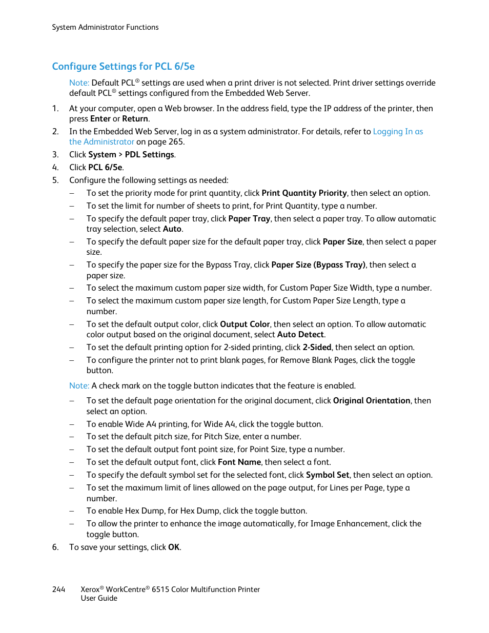 Configure settings for pcl 6/5e | Xerox WorkCentre 6515DNI User Manual | Page 244 / 326