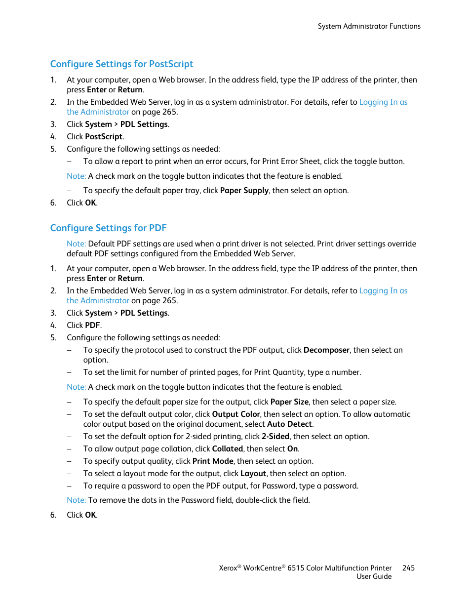 Configure settings for postscript, Configure settings for pdf | Xerox WorkCentre 6515DNI User Manual | Page 245 / 326