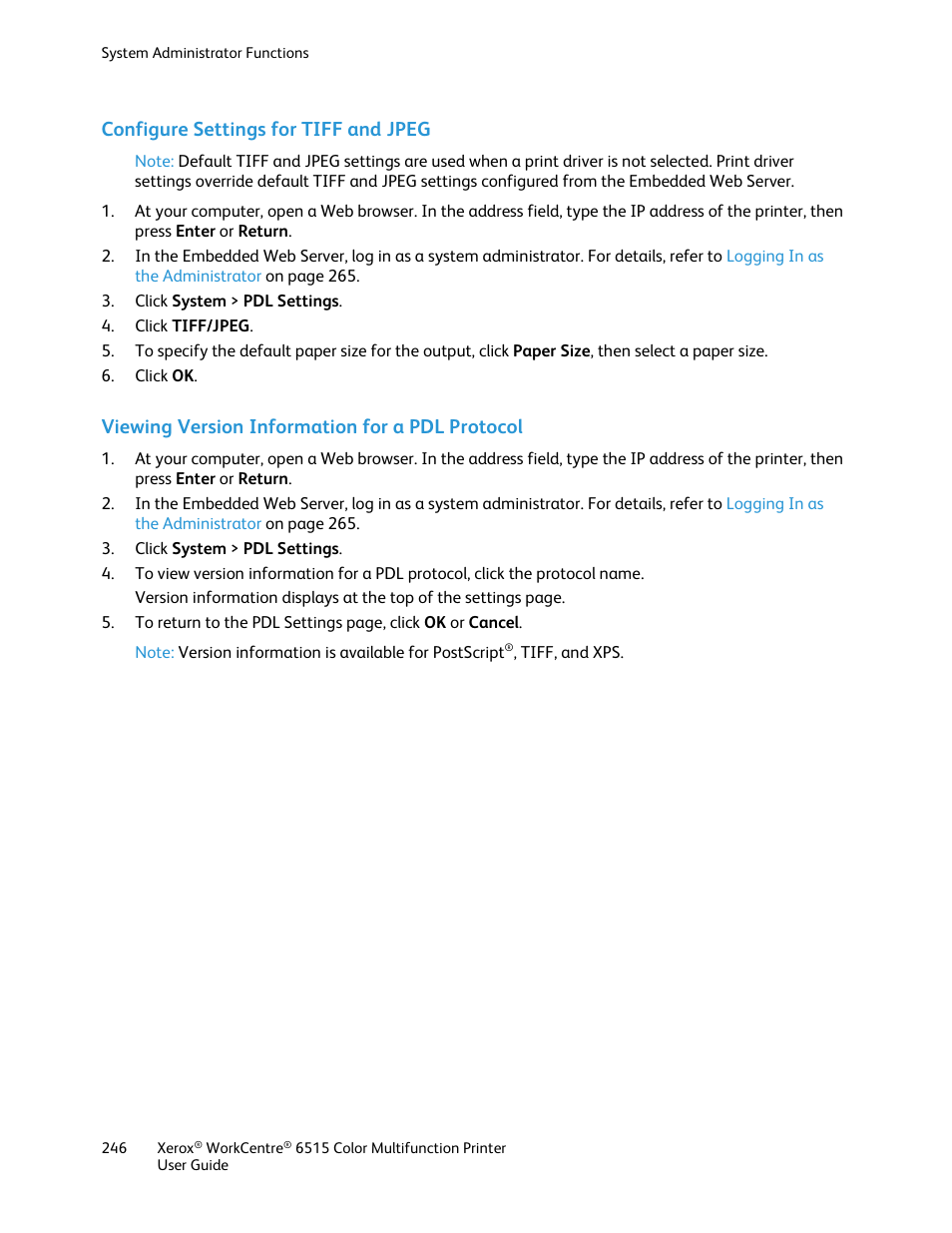 Configure settings for tiff and jpeg, Viewing version information for a pdl protocol | Xerox WorkCentre 6515DNI User Manual | Page 246 / 326