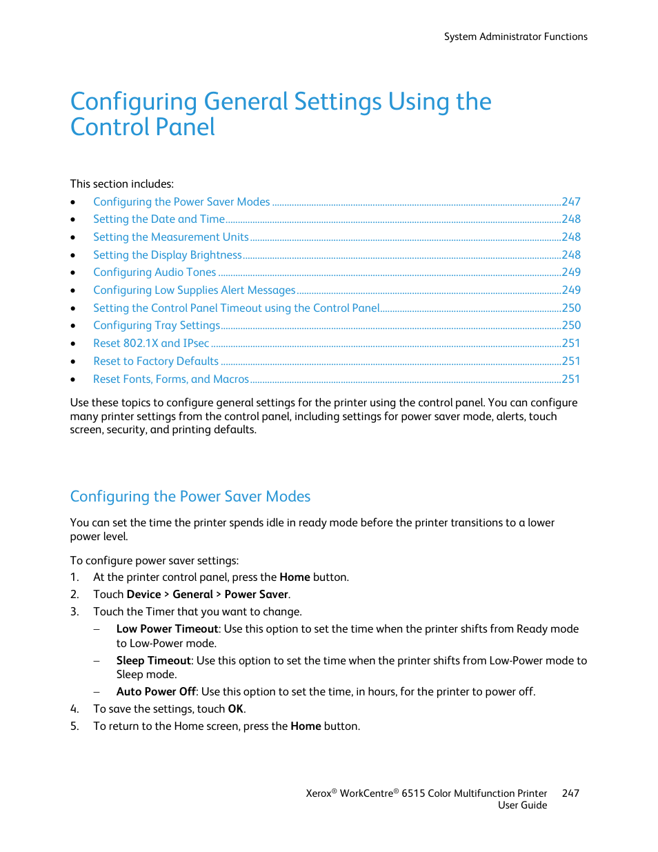 Configuring the power saver modes | Xerox WorkCentre 6515DNI User Manual | Page 247 / 326