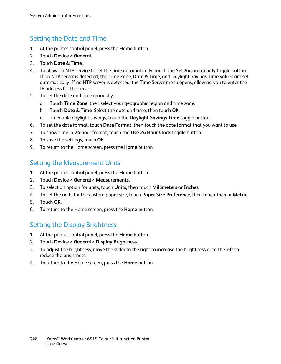 Setting the date and time, Setting the measurement units, Setting the display brightness | Xerox WorkCentre 6515DNI User Manual | Page 248 / 326