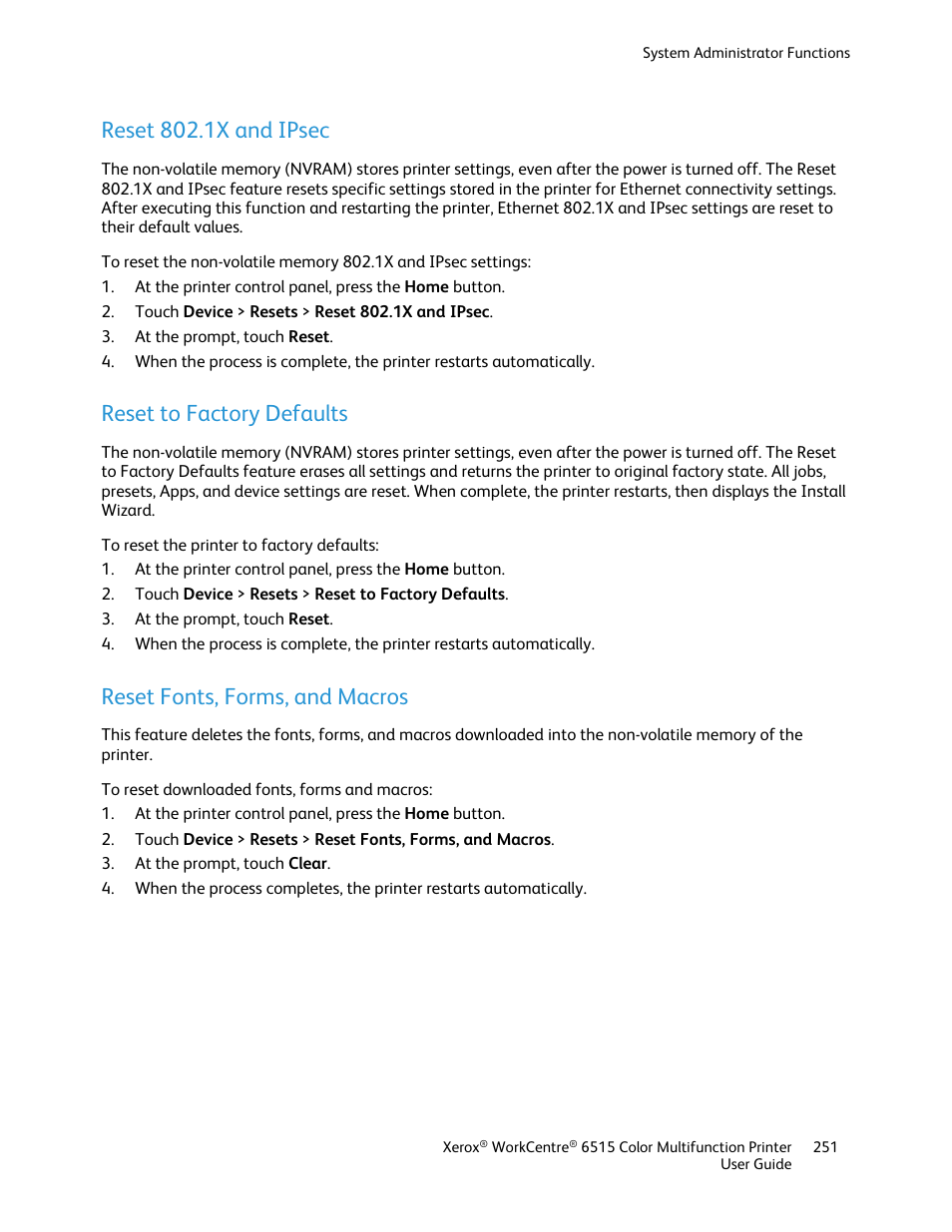 Reset 802.1x and ipsec, Reset to factory defaults, Reset fonts, forms, and macros | Xerox WorkCentre 6515DNI User Manual | Page 251 / 326