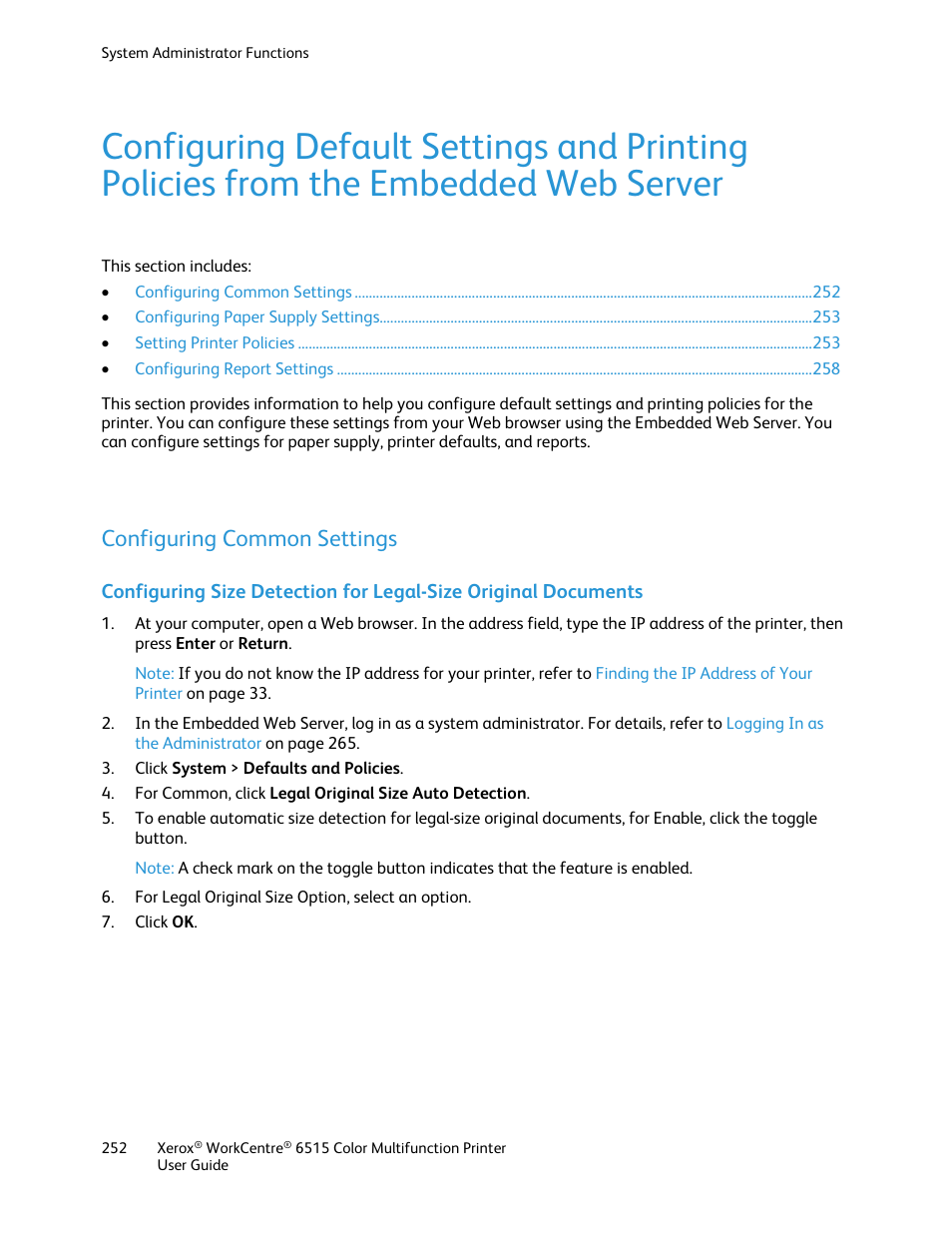 Configuring common settings | Xerox WorkCentre 6515DNI User Manual | Page 252 / 326