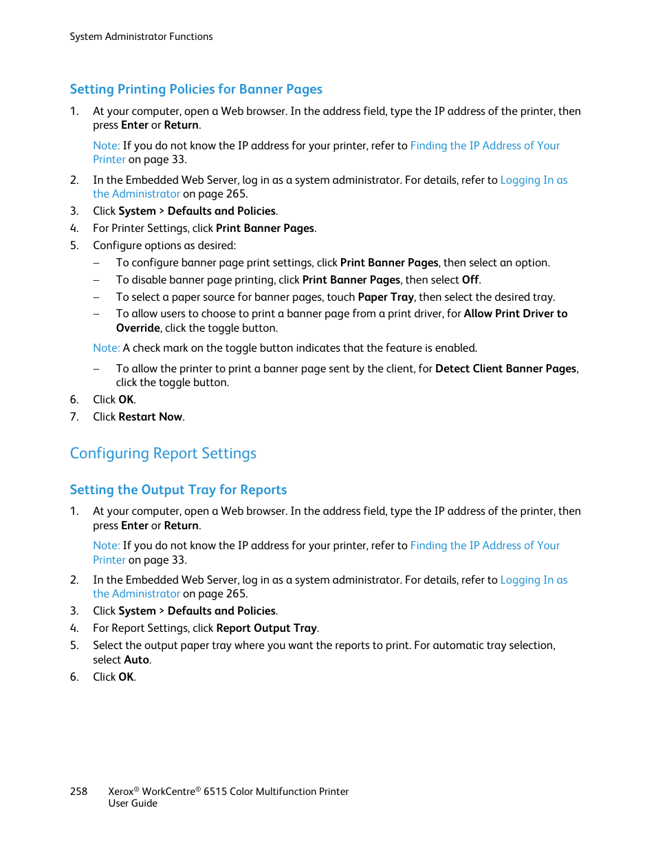 Configuring report settings, Setting the output tray for reports | Xerox WorkCentre 6515DNI User Manual | Page 258 / 326
