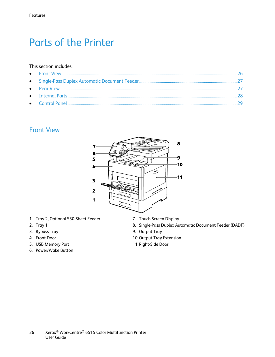 Parts of the printer, Front view | Xerox WorkCentre 6515DNI User Manual | Page 26 / 326