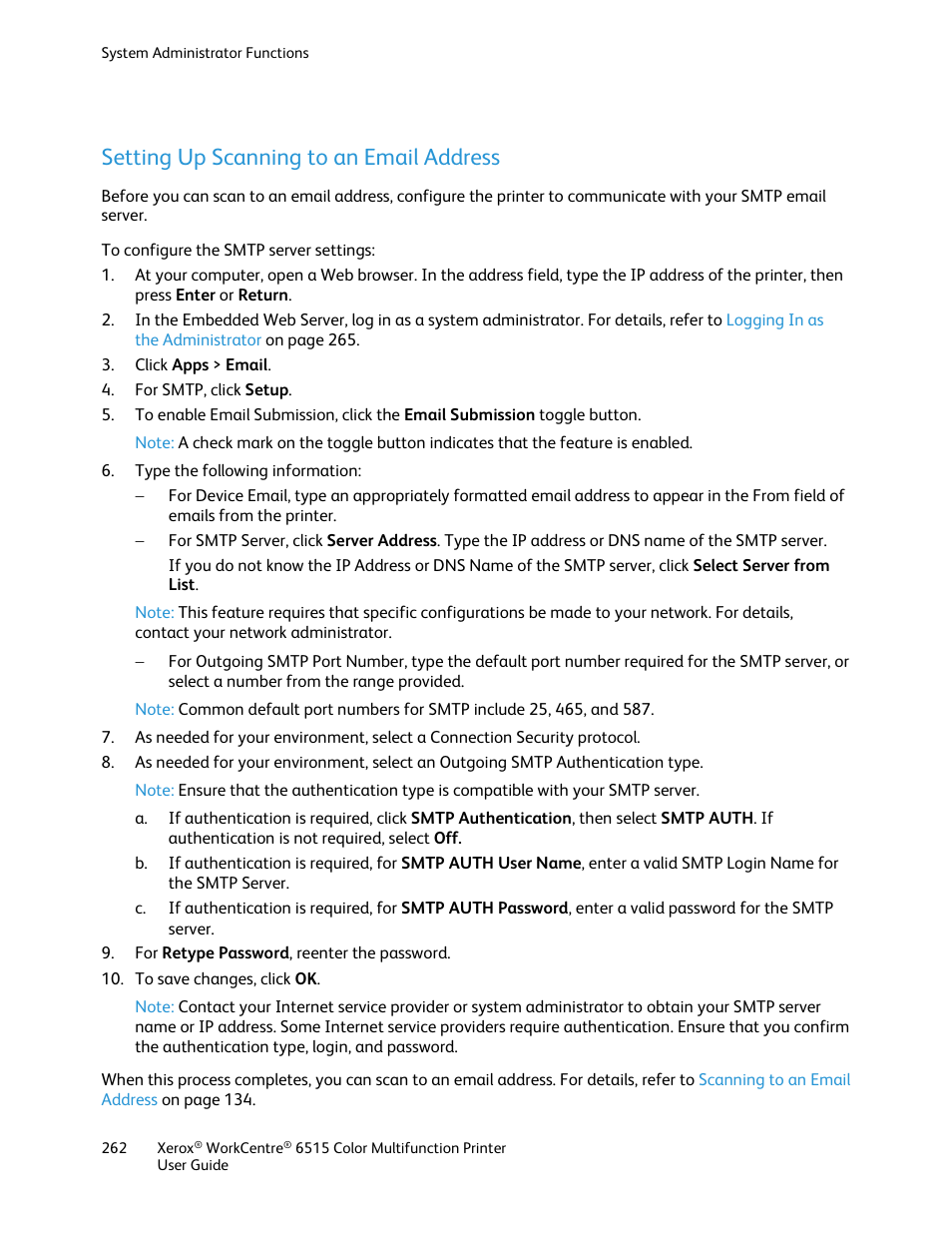 Setting up scanning to an email address | Xerox WorkCentre 6515DNI User Manual | Page 262 / 326