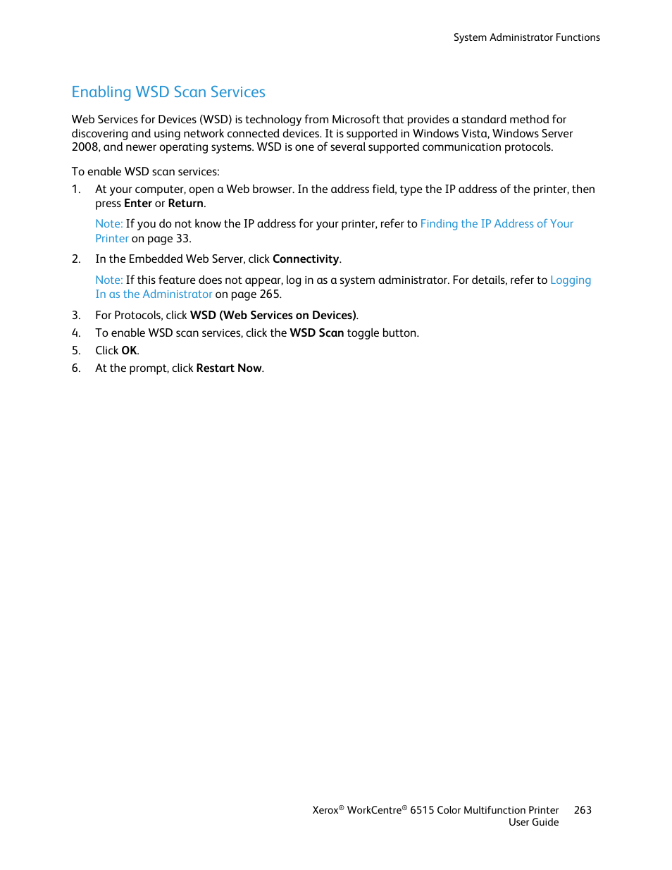 Enabling wsd scan services | Xerox WorkCentre 6515DNI User Manual | Page 263 / 326