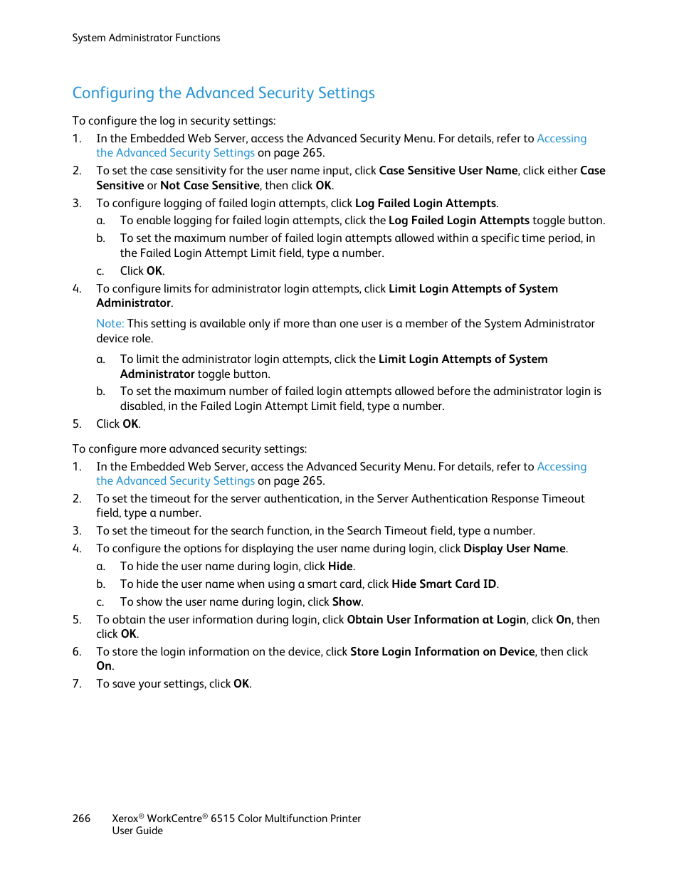 Configuring the advanced security settings | Xerox WorkCentre 6515DNI User Manual | Page 266 / 326