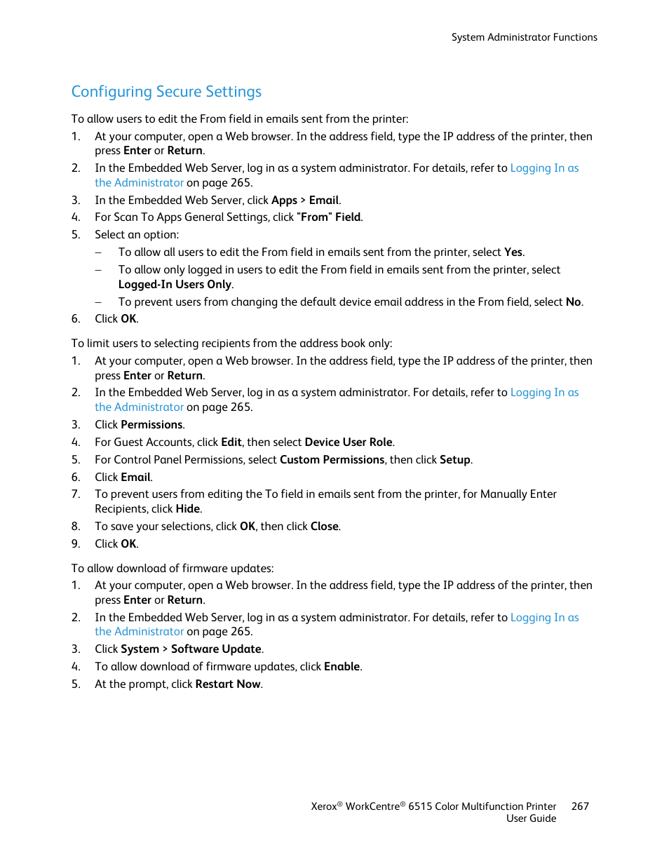 Configuring secure settings | Xerox WorkCentre 6515DNI User Manual | Page 267 / 326