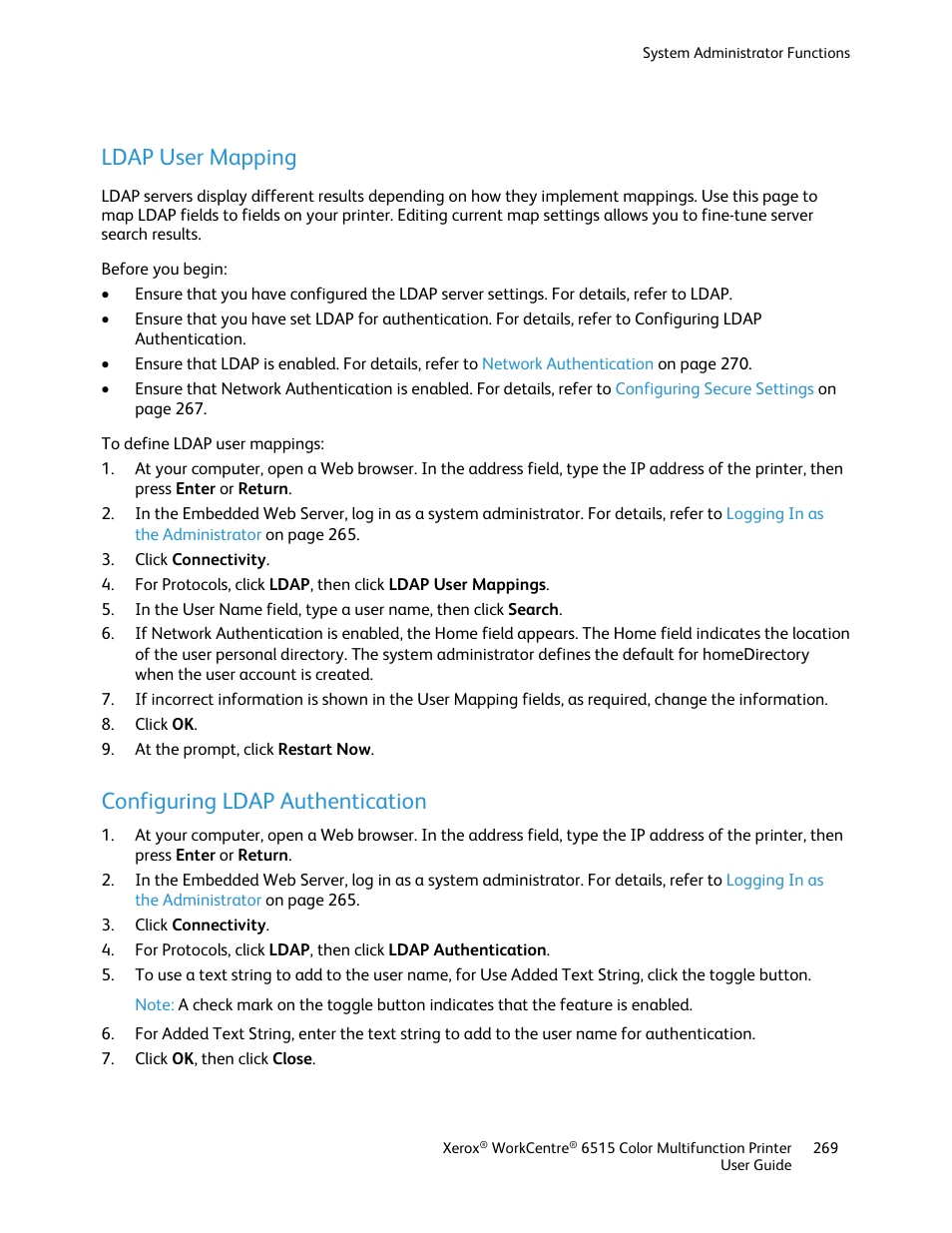 Ldap user mapping, Configuring ldap authentication | Xerox WorkCentre 6515DNI User Manual | Page 269 / 326