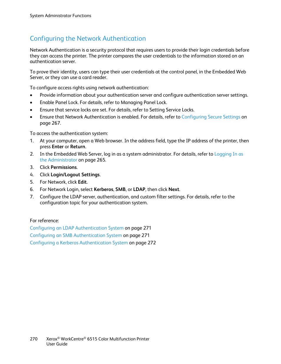 Configuring the network authentication | Xerox WorkCentre 6515DNI User Manual | Page 270 / 326