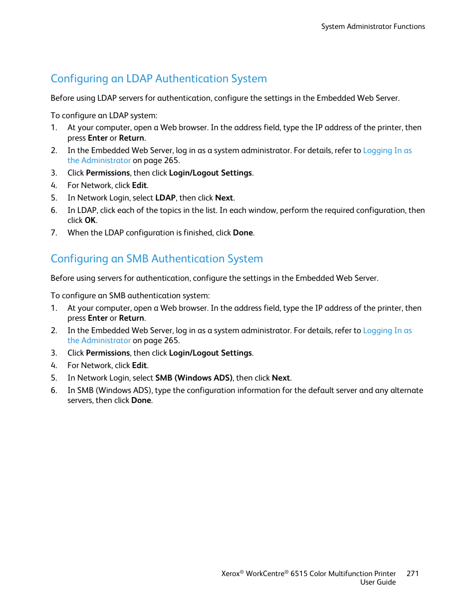 Configuring an ldap authentication system, Configuring an smb authentication system | Xerox WorkCentre 6515DNI User Manual | Page 271 / 326