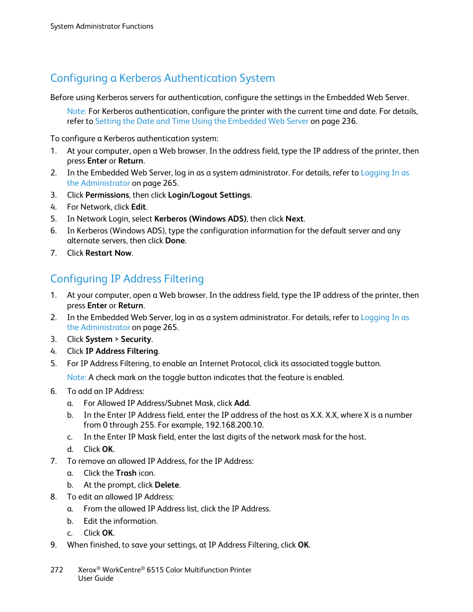 Configuring a kerberos authentication system, Configuring ip address filtering, E 272 | Xerox WorkCentre 6515DNI User Manual | Page 272 / 326