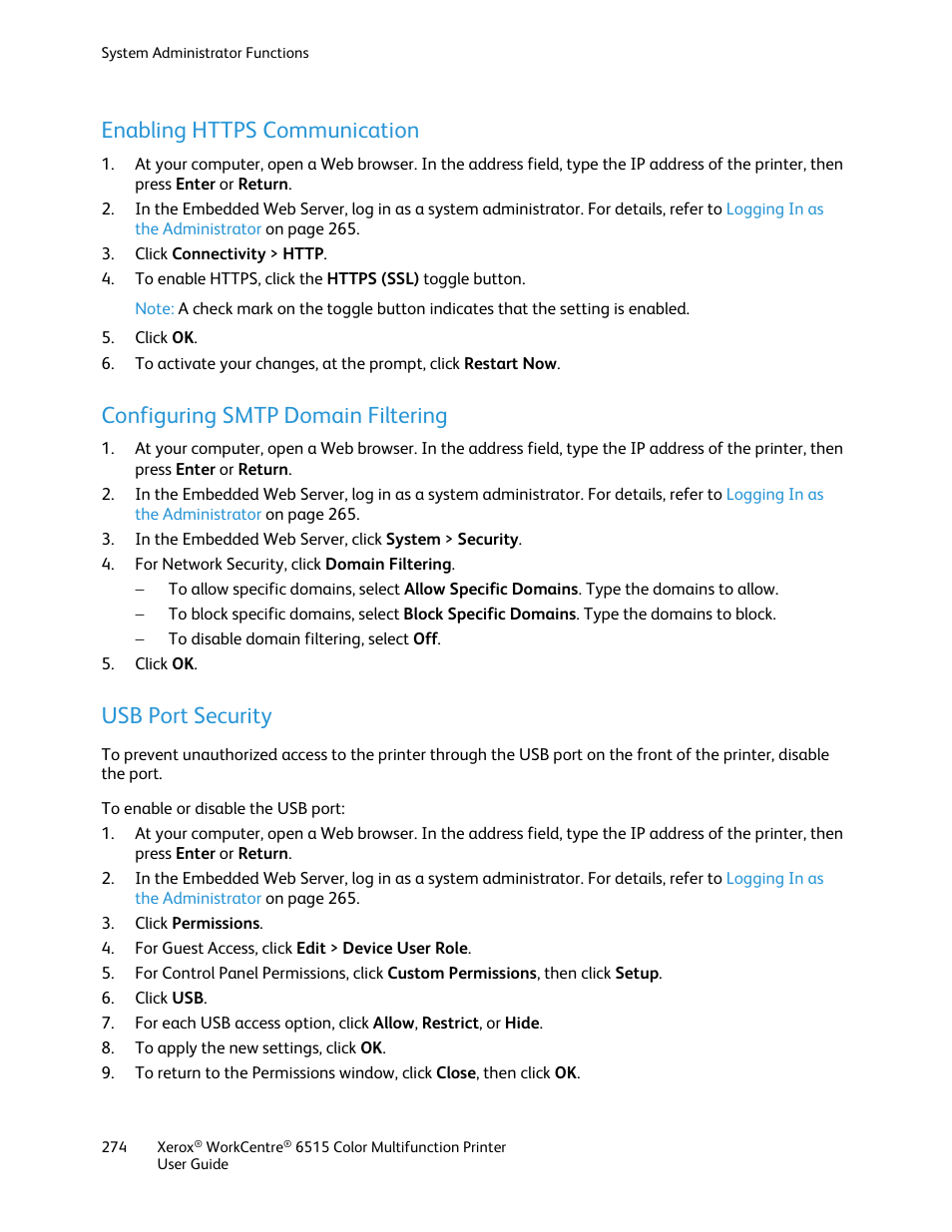 Enabling https communication, Configuring smtp domain filtering, Usb port security | Xerox WorkCentre 6515DNI User Manual | Page 274 / 326