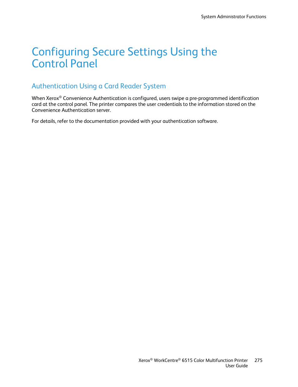 Authentication using a card reader system | Xerox WorkCentre 6515DNI User Manual | Page 275 / 326