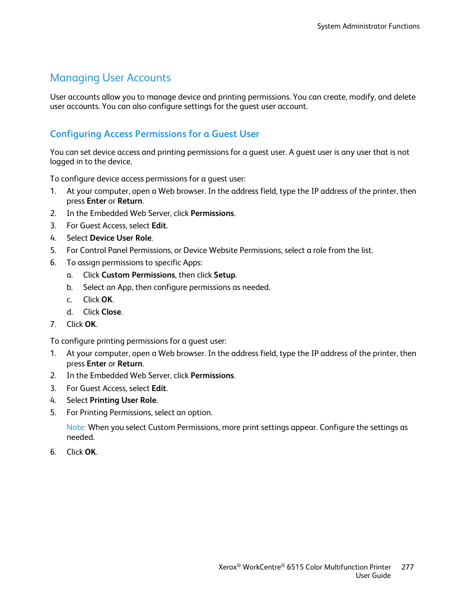 Managing user accounts, Configuring access permissions for a guest user | Xerox WorkCentre 6515DNI User Manual | Page 277 / 326