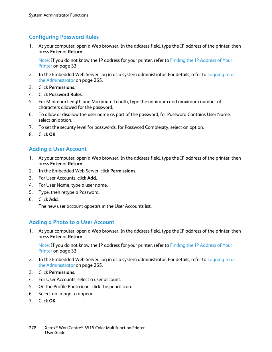 Configuring password rules, Adding a user account, Adding a photo to a user account | Xerox WorkCentre 6515DNI User Manual | Page 278 / 326