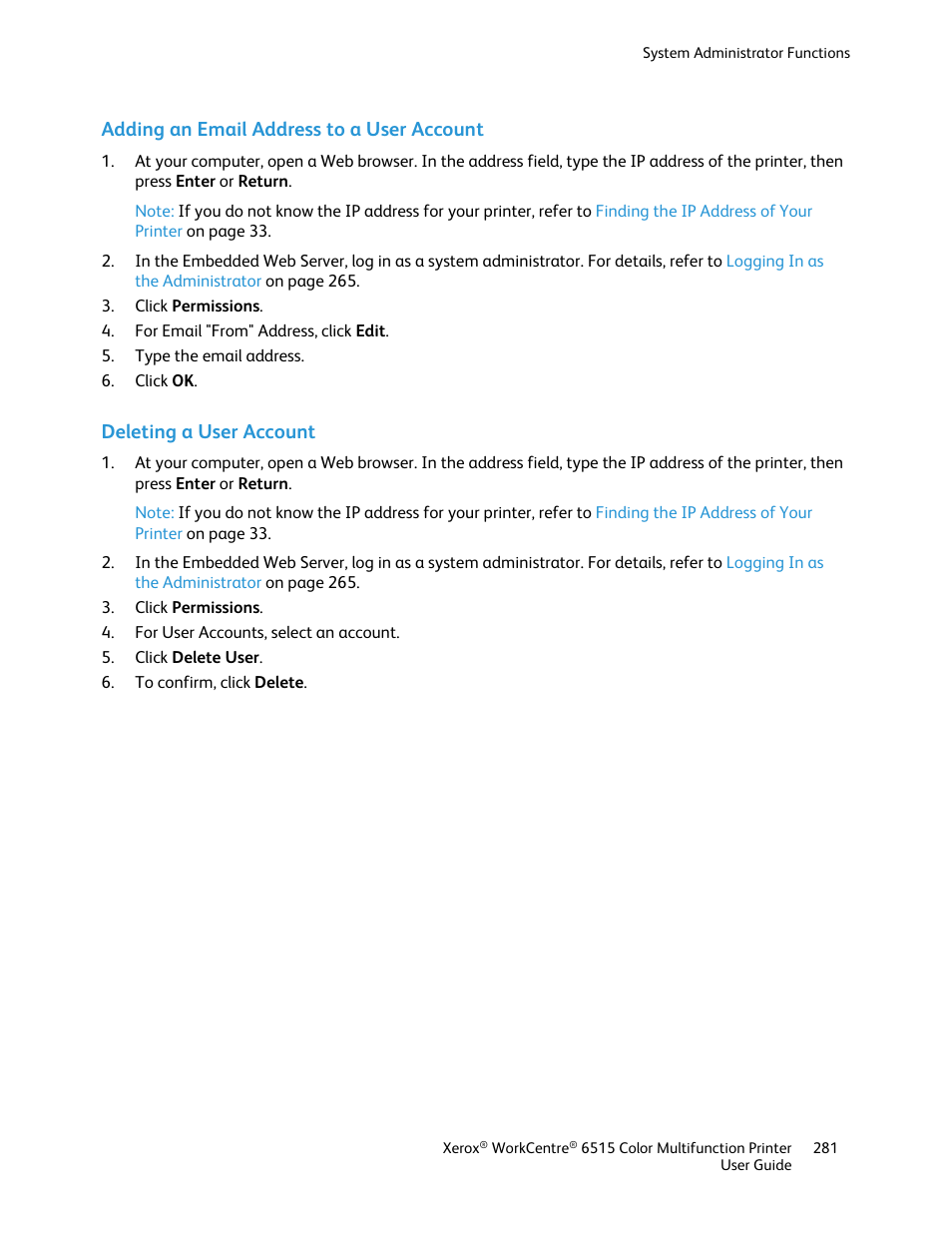 Adding an email address to a user account, Deleting a user account | Xerox WorkCentre 6515DNI User Manual | Page 281 / 326