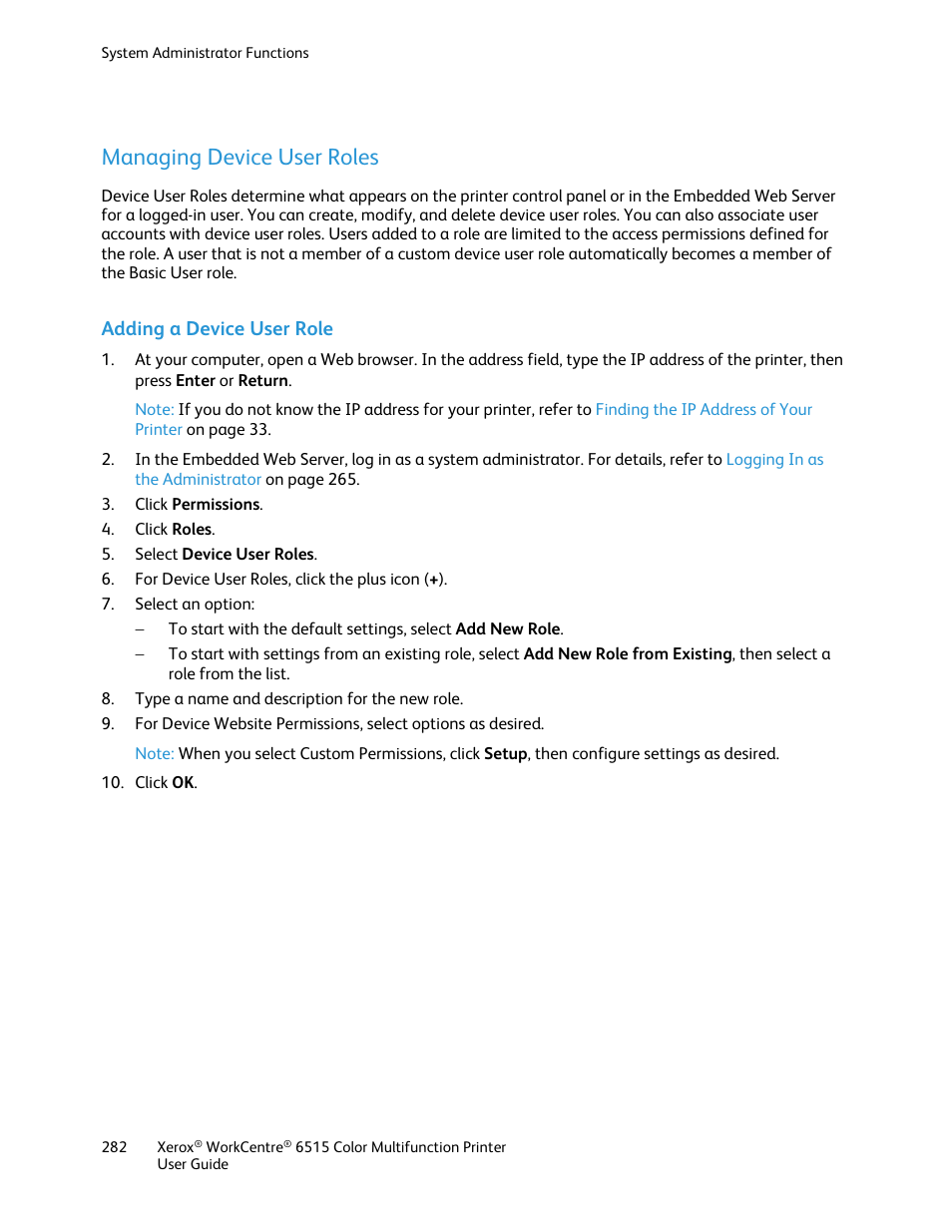 Managing device user roles, Adding a device user role | Xerox WorkCentre 6515DNI User Manual | Page 282 / 326